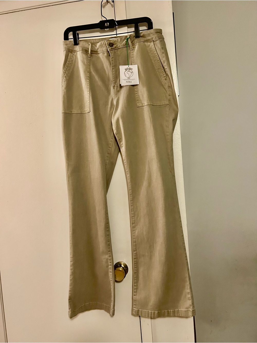 pistola beige straight leg pants with green tag